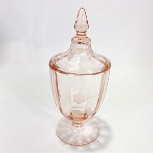 Vintage Etched Pink Depression  Glass Covered Candy Dish Apocrathy Jar